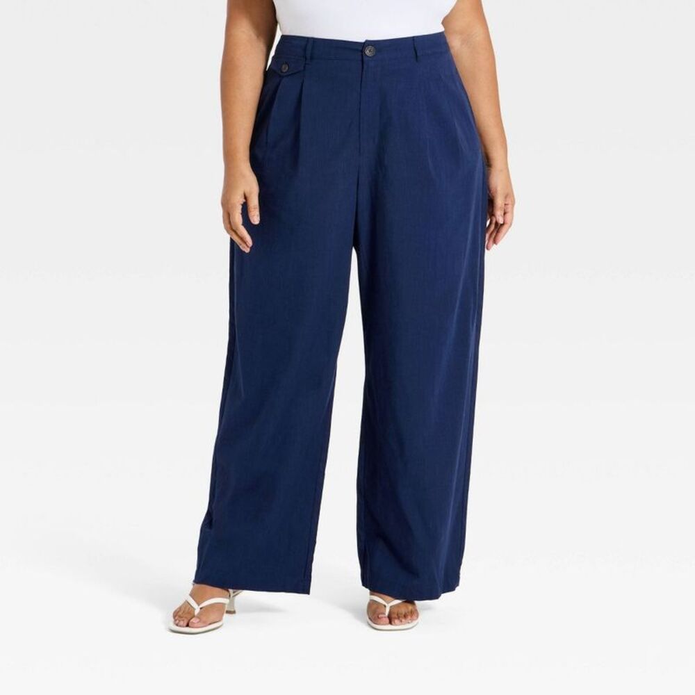 Women's Linen Trouser Pants - A New Day Navy Blue 1X